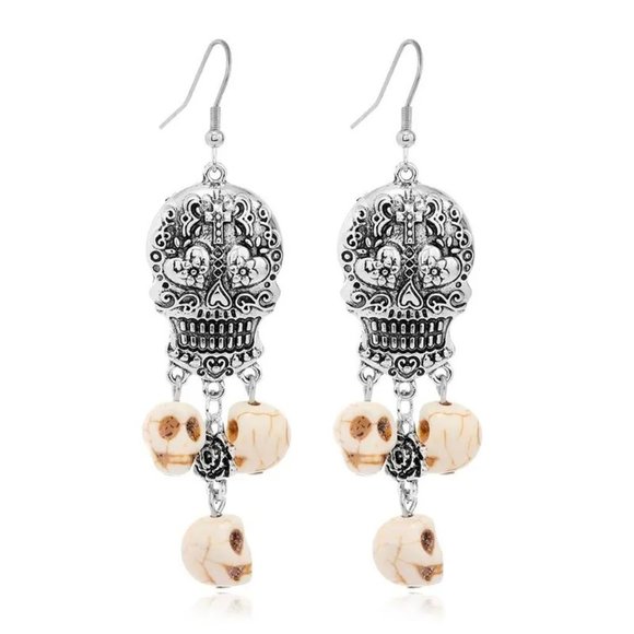 Skull Earrings Dangle Stone Pierced Silver Punk Ornate Biker Festive Calaveras - Picture 2 of 3